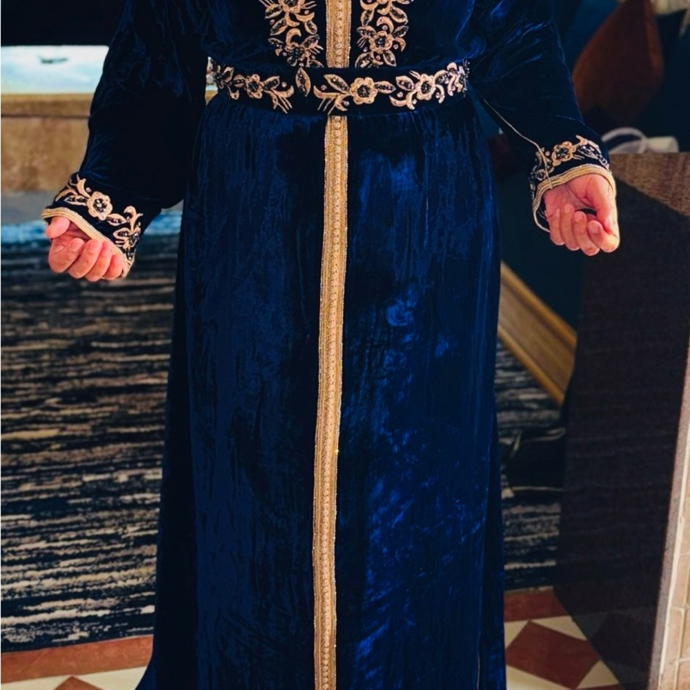 Women’s hand made Moroccan Blue Velvet Embroidered Caftan